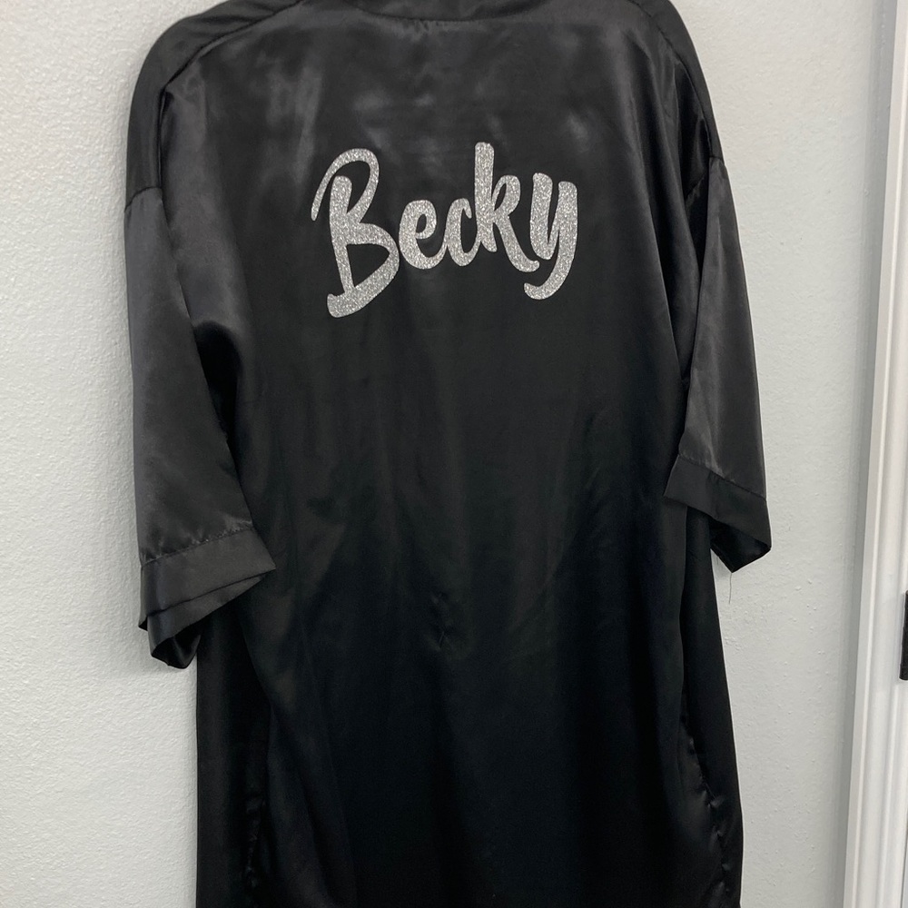 “Becky” Black Satiny Robe with Silver Glitter Personalized Name